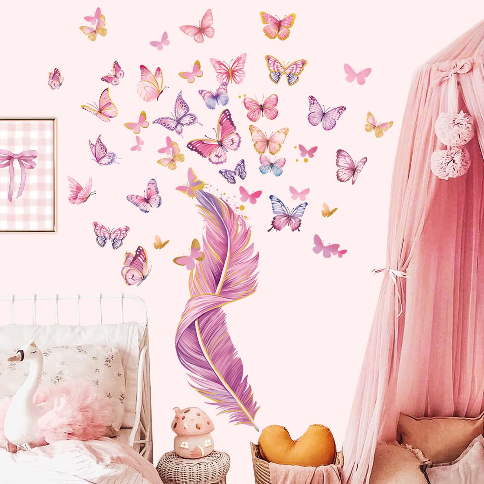 decalmile Colorful Butterflies Wall Decals Pink Feather Wall Stickers Baby Nursery Girls Bedroom Bathroom Wall Decor