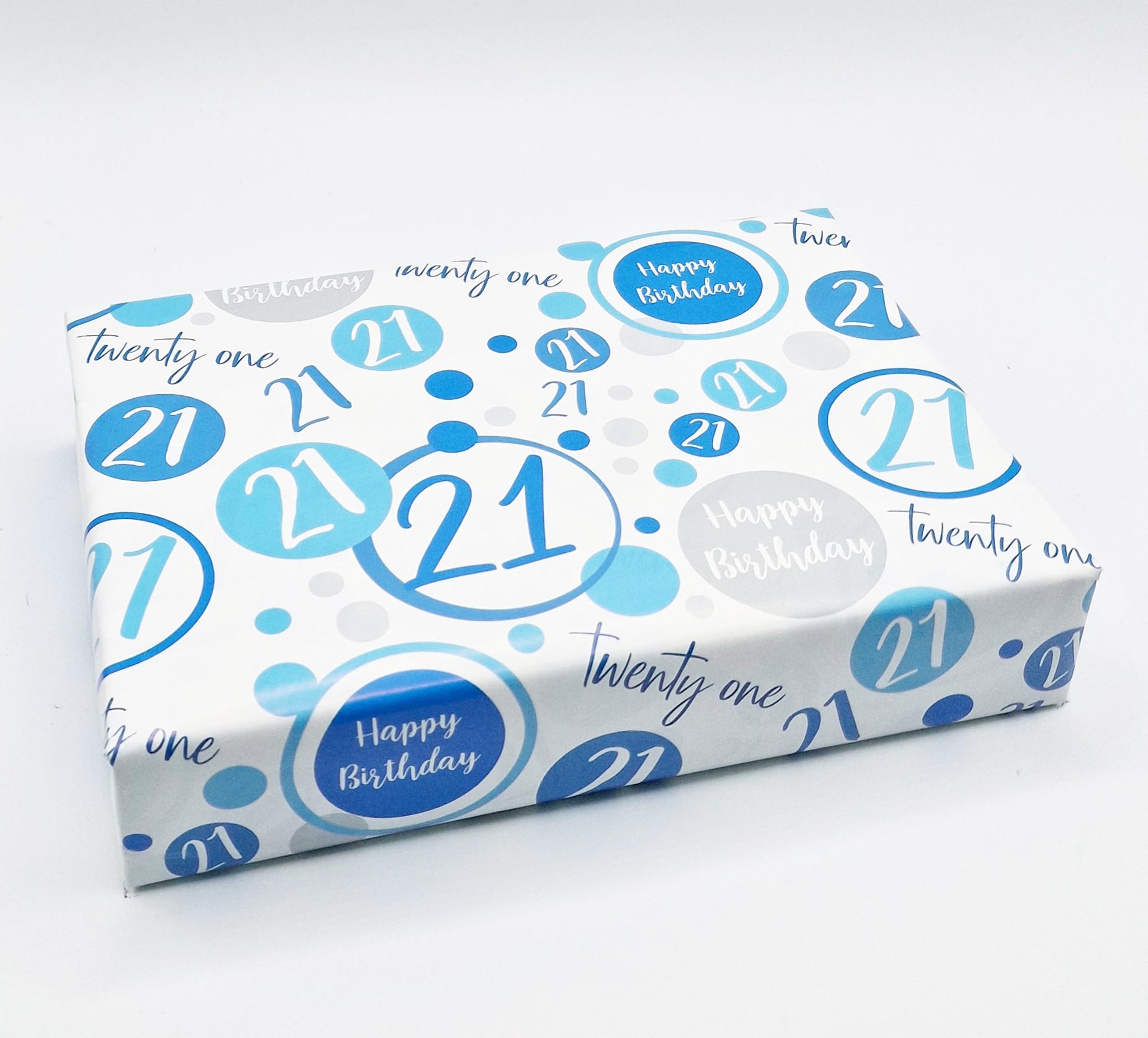 2 Sheets + 2 Matching Gift Tags 21st Birthday Man Wrapping Paper Age 21 Birthday Blue White Giftwrap Male (PA)