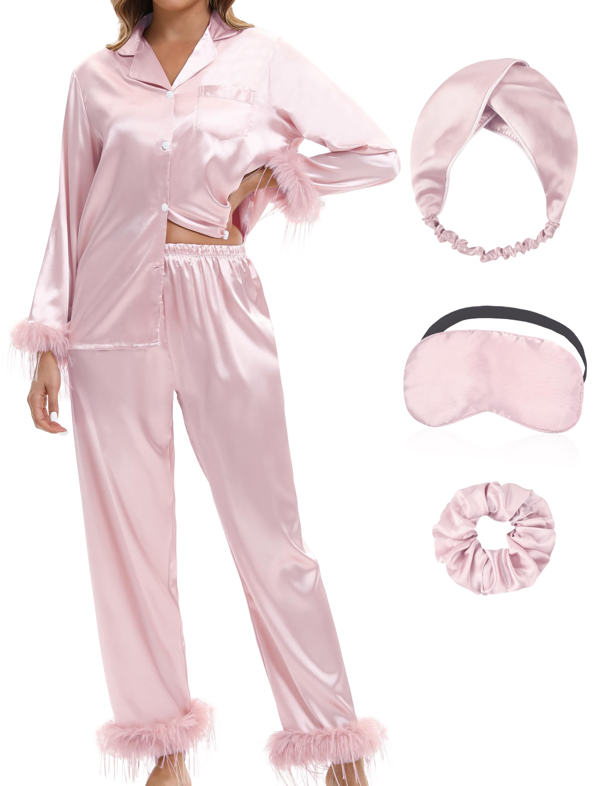 Photo 1 of *MISSING PARTS UNKNOWN*
MORFORU Satin Pajama Set for Women Feather Trim Long Sleeve Pjs with Sleep Mask Headband Scrunchie Sleepwear Lounge Set (Lotus Root Pink/S)
