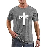 iudam Men's Short Sleeve Crewneck Graphic Tee Believe Cross Print Christian Shirts Workout Shirts