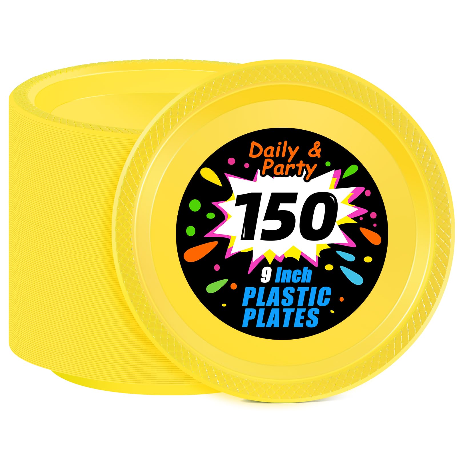 Photo 1 of WELLIFE Yellow Plastic Party Plates 9 Inch -150 Count, Disposable Plastic Dinner Plates for Easter Spring Parties Mother's Day Picnic BBQ