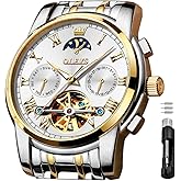OLEVS Self Winding Watches for Men Automatic Mechanical Skeleton Luxury Dress Waterproof Moon Phase Tourbillon Chronograph Stainless Steel Luminous Wristwatch