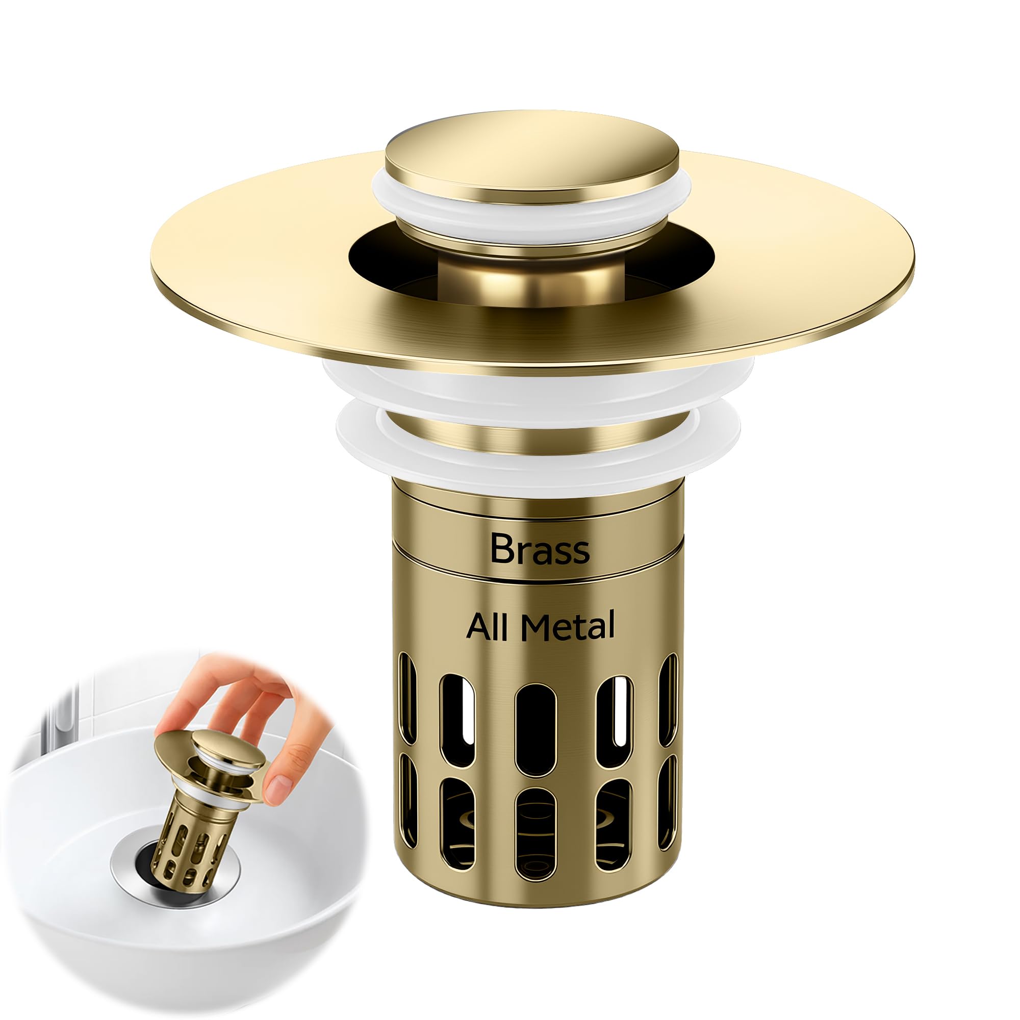 View 1 of (All Metal) Bathroom Sink Stopper,Pop Up Drain for Bathroom Sink,Sink Stopper Hair Catcher,Silent Popper Core w/Removable Stainless Steel Filter Basket,Sink Drain Plug Fit for 1.05~2.0''Basin