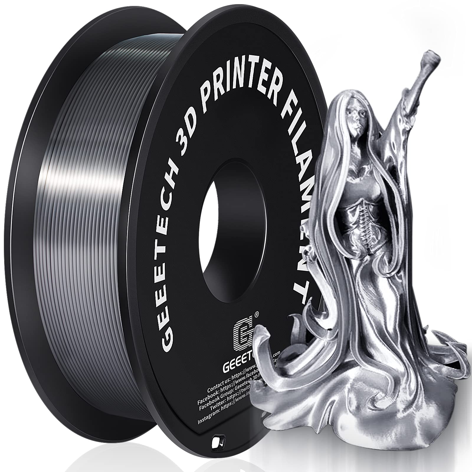 PLA Filament 1.75mm Silk, Geeetech 3D Printer PLA Filament,1.75mm,1kg per Spool,Silk Silver — image 1