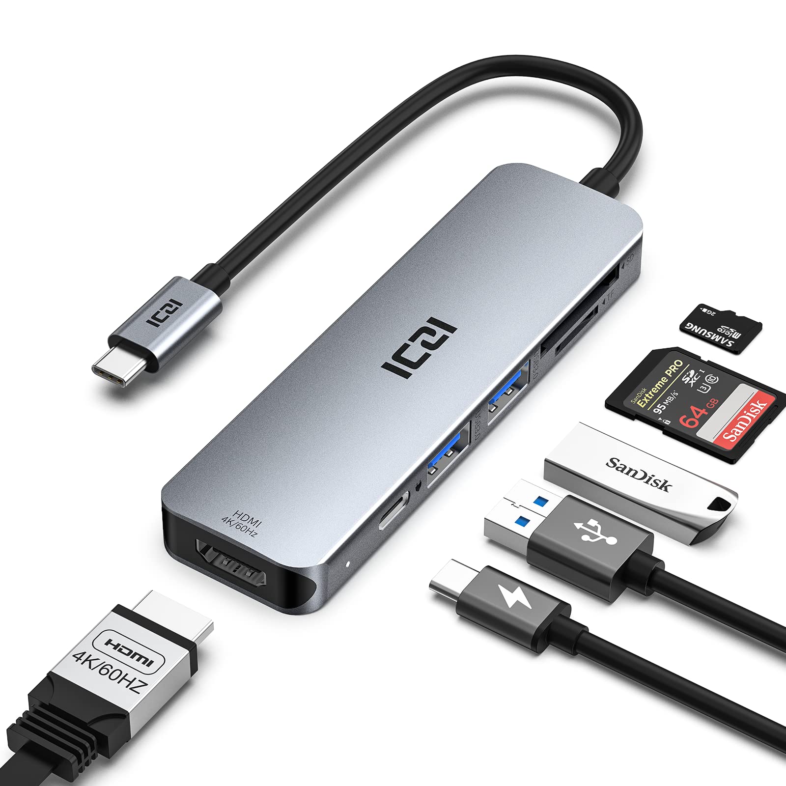 USB C Hub 4K@60Hz HDMI, ICZI 6-in-1 USB C to HDMI, 2 USB 3.0 Ports, SD/TF Card Reader, 100W USB-C PD USB Hub for Mac/MacBook Pro/Air Laptops and More