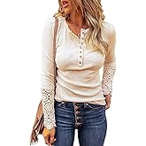 BTFBM Women Long Sleeve Shirts Spring Solid Button Up V Neck Lace Long Sleeves Slim Fit Knit Casual Fall T-Shirts 2026
