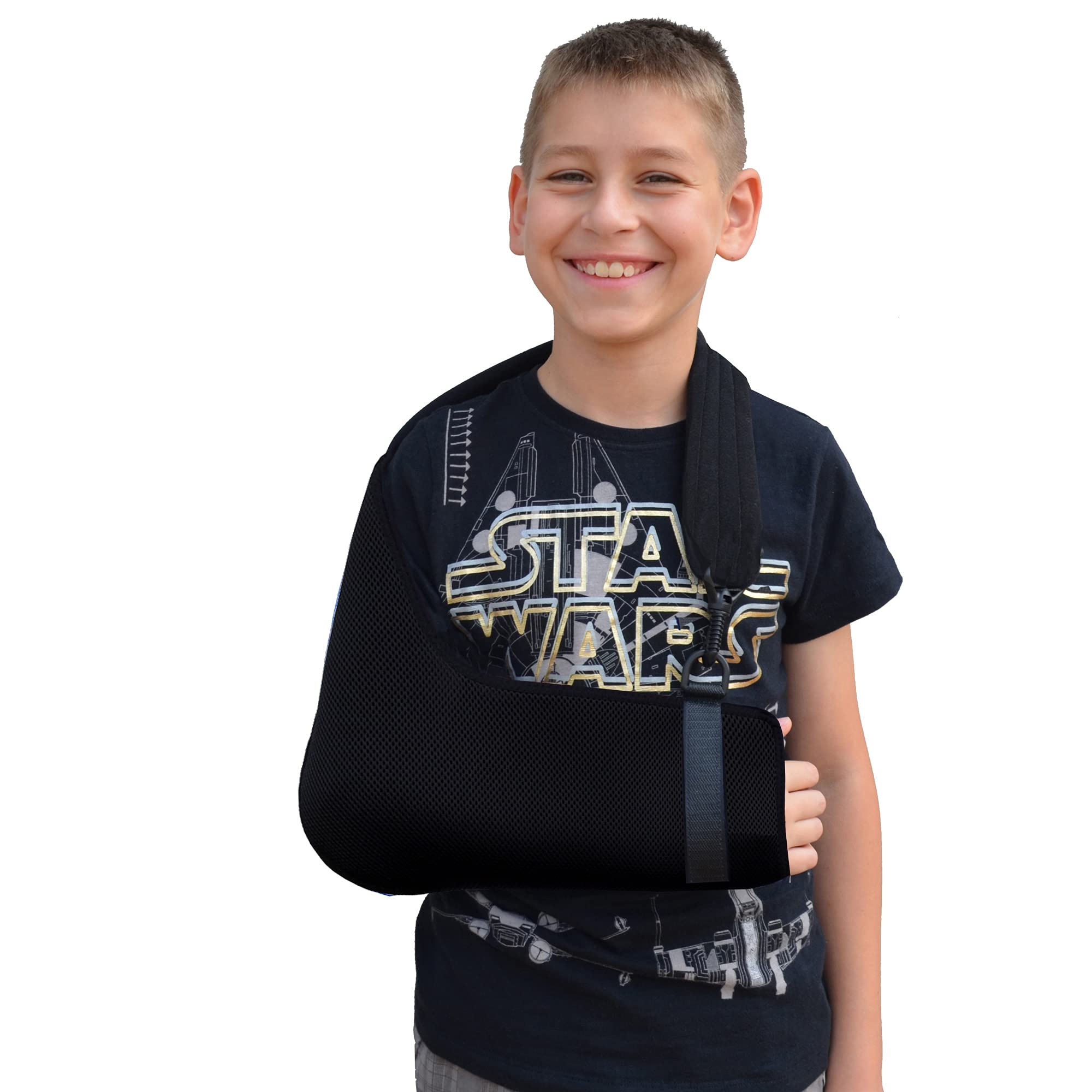 4DflexiSPORT Arm Sling Child (8-9yr black/black trim) Extra Deep, Easy-on, Cooling Ultra-comfort, Includes Smiley Sticker. — image 1