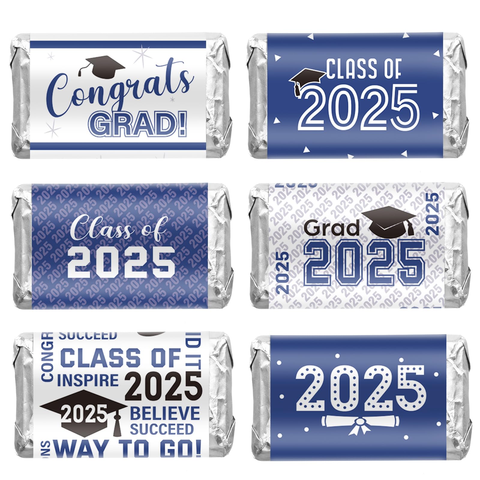 Photo 1 of Outus 2025 Graduation Decoration Label Sticker Congrats Mini Candy Bar Wrapper Class of Party Supplies College High School Nursing Grad Celebration, Candy Not Included (Blue,90 Pcs)