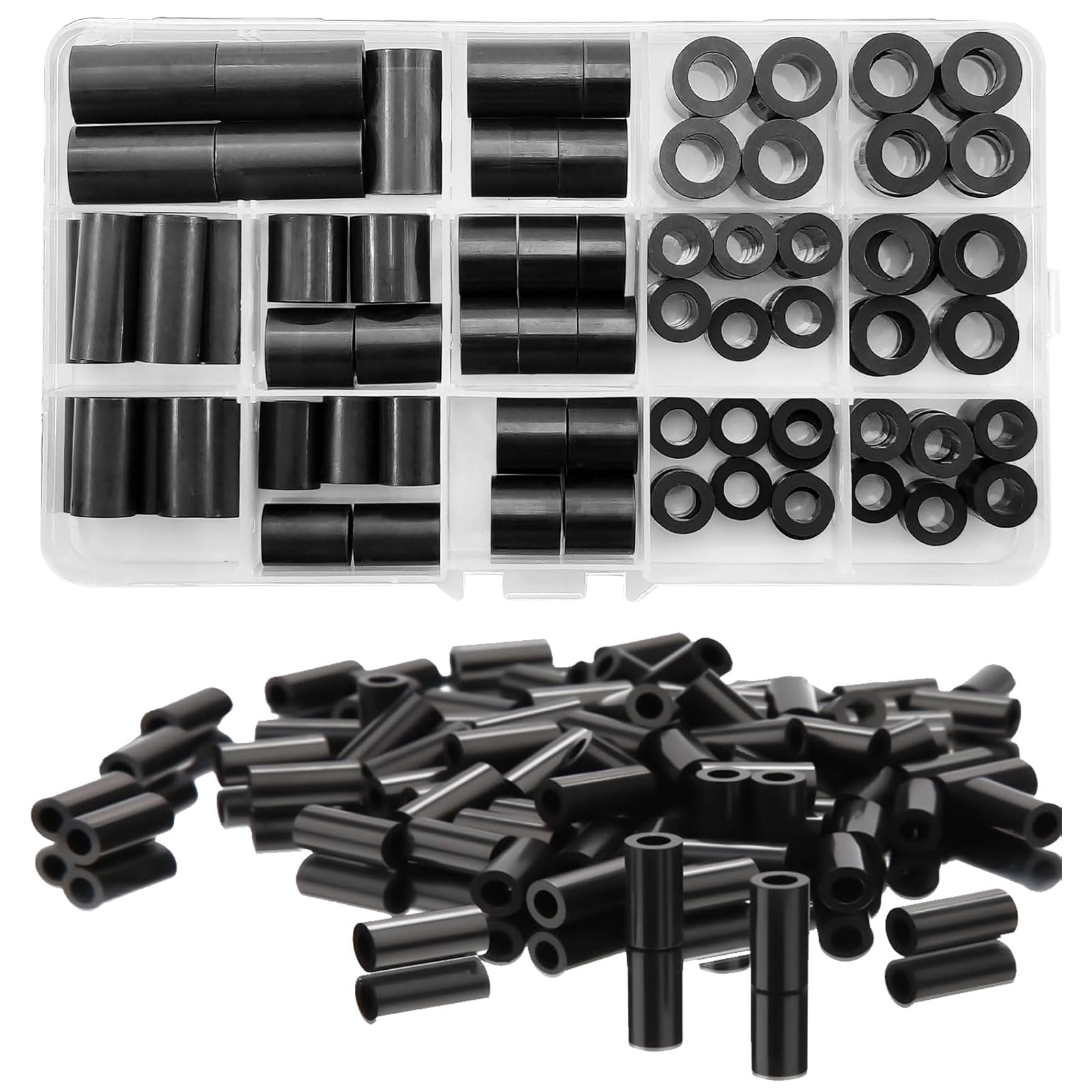 Pack of 80 round spacers, plastic, spacer sleeves, M6, M8, ABS spacers, plastic, round, black, insulation washers, non-threaded column spacers