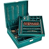 Juvale Velvet Jewelry Box Organizer - 10.5 x 10.5 x 3.5 in, Green - Lockable 2-Tier Travel Jewelry Case & Earring Storage - Removable Tray & Built-In Necklace Organizer