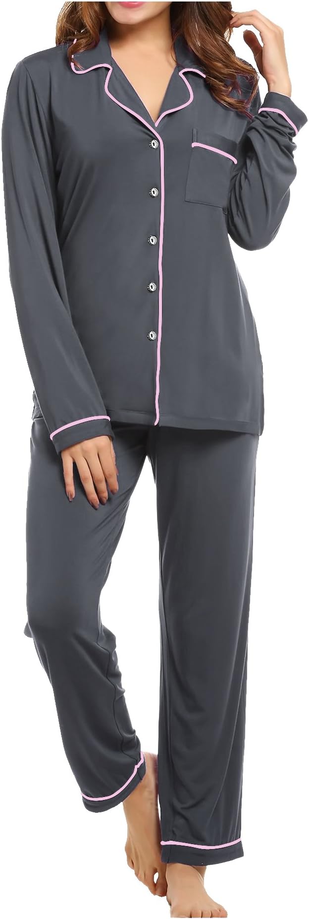 XINGONGCHENG Women's Soft Long Sleeve Pajamas Button Down Sleepwear with Pj Set Gray XXL