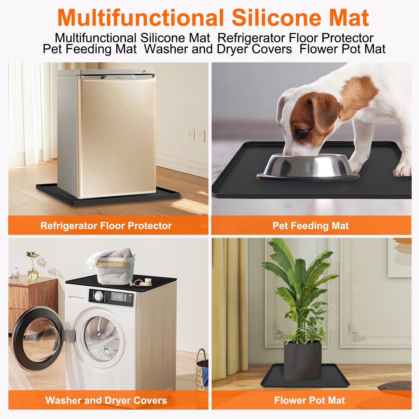 Mini Fridge Mat, 19.7x19.7x0.6 Inch Non-Slip Thick Under Refrigerator Silicone Mat, Leak-Proof Washer Drip Tray for Carpet Floor Protection, Black