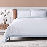 THE COTTON & SILK®️ 100% Luxury Long-Staple Cotton Duvet Cover Set - Soft & Breathable - Include 1 Duvet Cover (Corner Ties & Hidden Zipper), 2 Pillow Shams - White + Misty Blue, King/California King