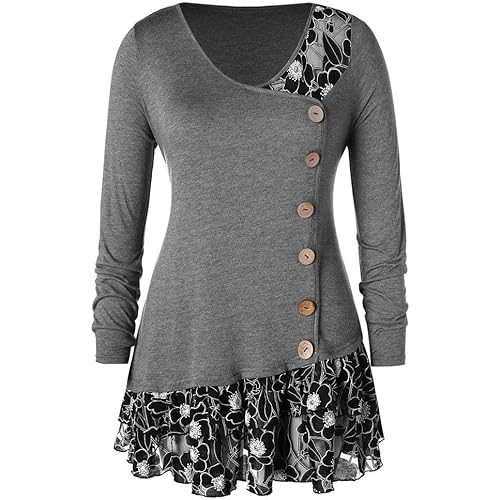 DealinM Women Casual Loose Lace V-Neck Long-Sleeved Ruffled Button Top Clothing T-Shirt