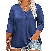 ZDC Women's Plus Size Tops 3/4 Sleeve V Neck T Shirts Button Down Basic Tunic