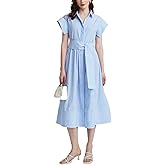 Women's Striped Belted Shirt Midi Dress Casual Short Sleeve Button Down Lapel V Neck A Line Long Dress