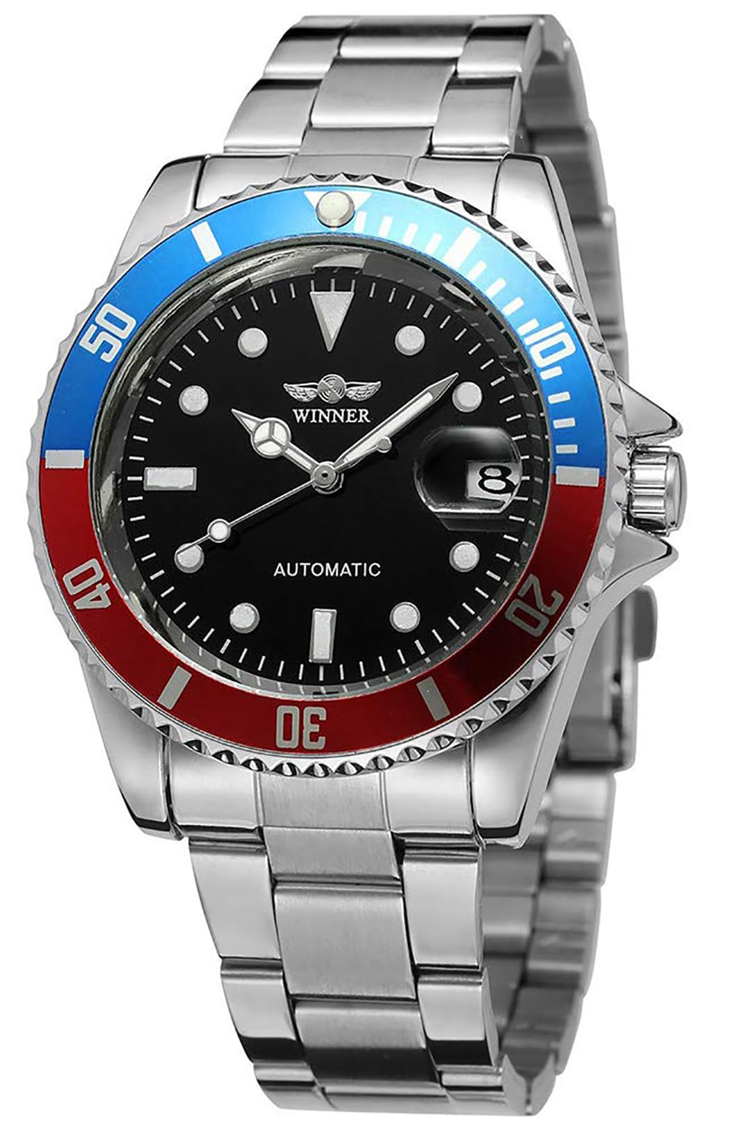 MASTOP Men Automatic Mechanical Watches Full Steel Waterproof Mens Watches with Calendar, Silver Black Blue, Mechanical