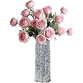 ESSGUO Silver Glass Vase for Flowers, Large 10in Crushed Diamond Vase, Luxurious Fresh Flower Vase for Home Decor, Bedroom, Living Room, Office, Wedding, Party, Dining Table