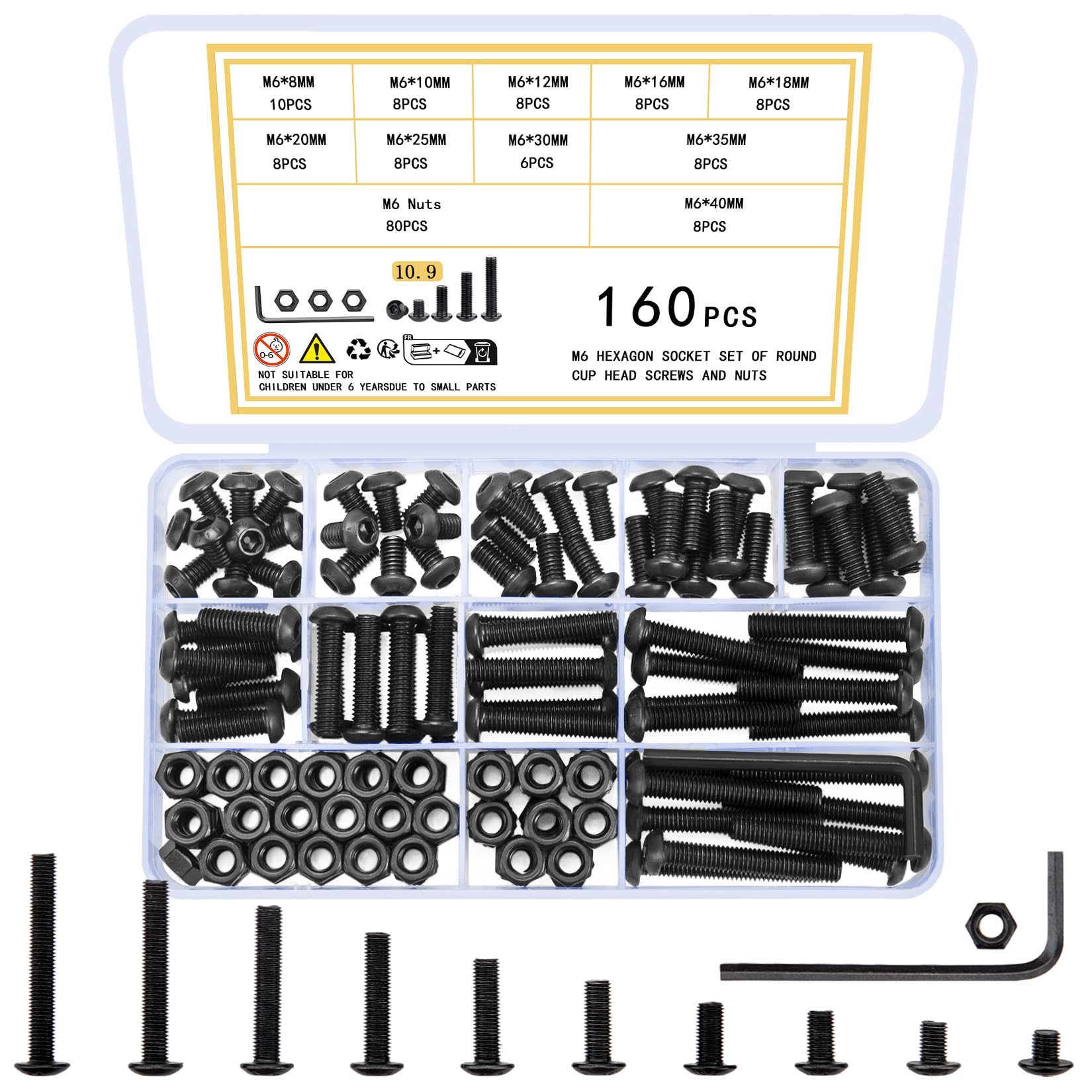 woshilaoDS 160 Pcs M6 Nuts and Bolts Set, M6 Bolts and Nuts Set, Round Head Hexagon Socket Screws Sets, Hex Machine Screws, Hex Socket Button Head Bolt Kit