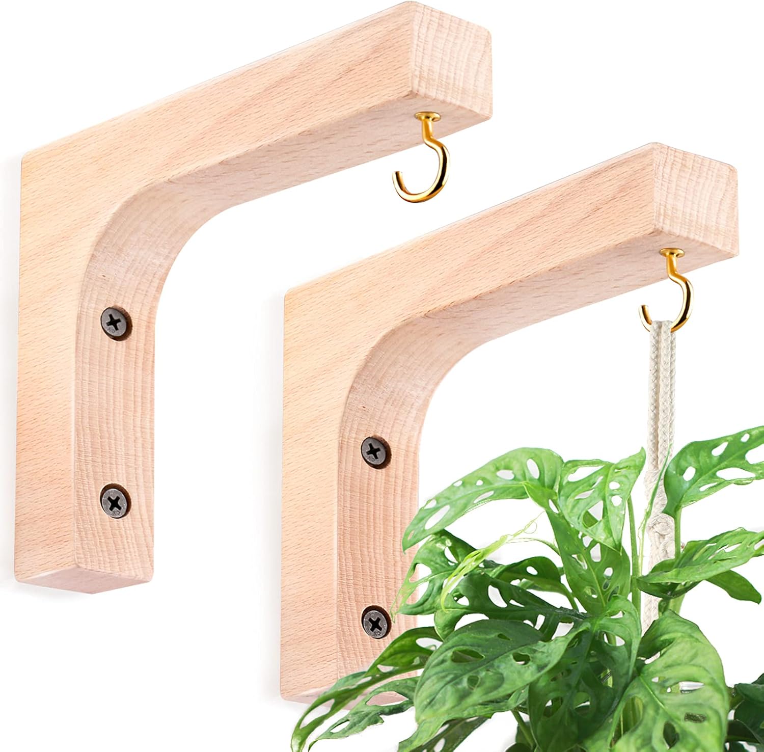 Outdoor Hanging Brackets - Jantens 2 Pack Hanging Plant Hook, Plant Hangers Indoor, Wooden Hanging Basket Hooks for Indoor Flower Baskets Pot Wind Chime Lanterns Planter