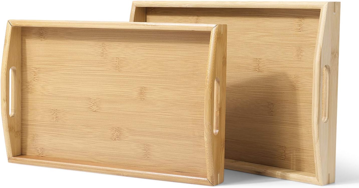 Flexzion Natural Bamboo Nesting Organizer Rectangle Breakfast Coffee Food Table Serving Tray with Curved Handles, Set of 2