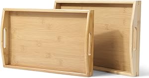 Flexzion Natural Bamboo Nesting Organizer Rectangle Breakfast Coffee Food Table Serving Tray with Curved Handles, Set of 2