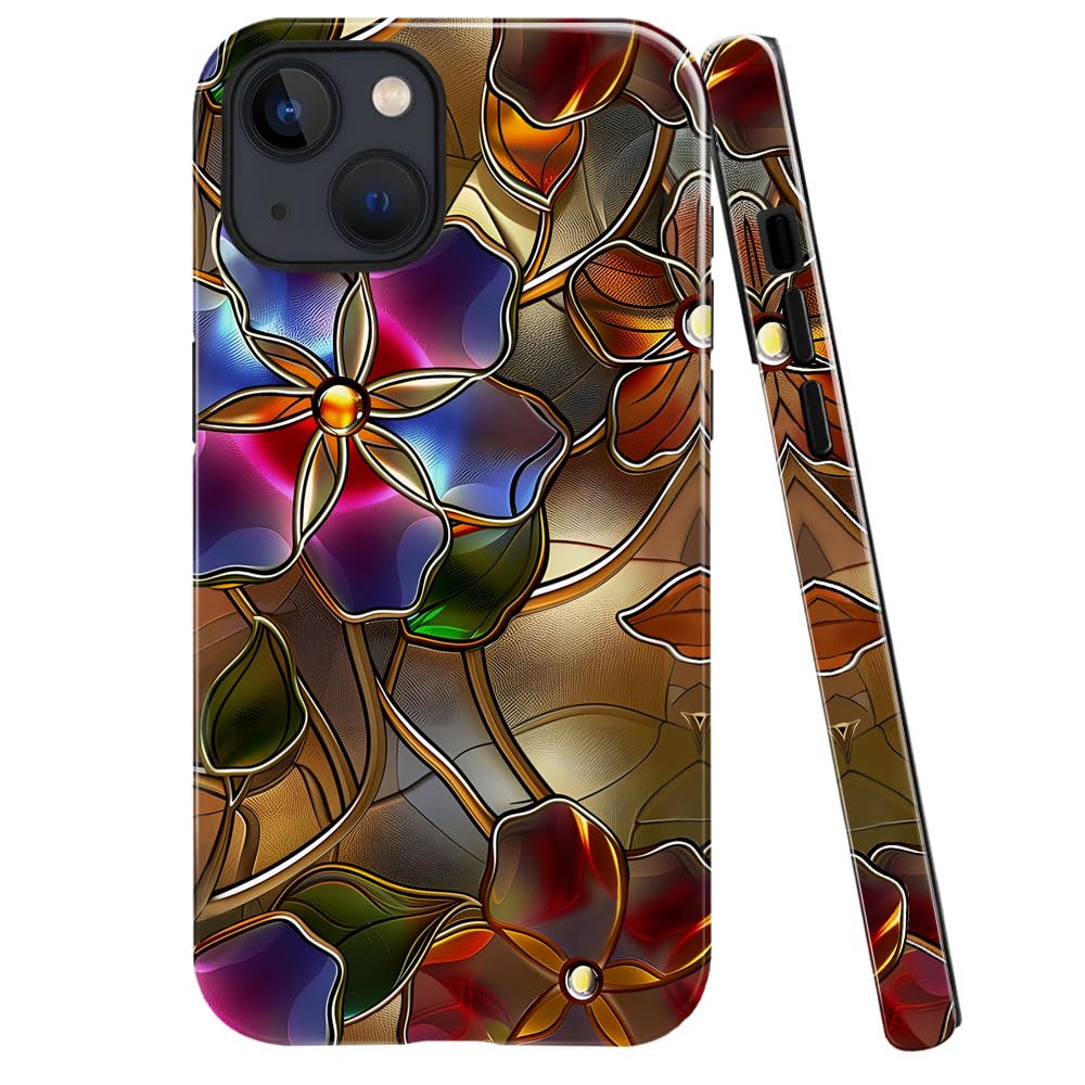 Compatible with iPhone 14,Anti-Scratch Glossy Case Cover,Gold Flower Floral Retro