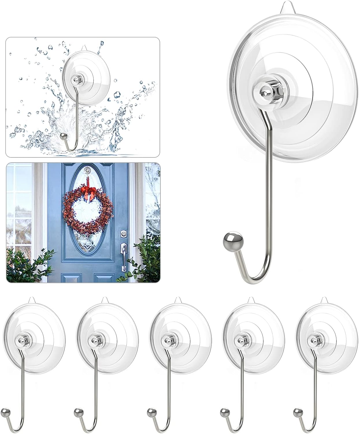 Wreath Hangers - RELBRO Wreath Hanger, Clear Large Suction Cup Wreath Hooks Window Glass Door Heavy Duty Wreath Holder Reusable Suction Cups with Metal Long Hooks for Wreath Decor - 6 Packs