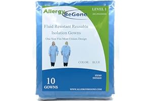 ALLERGY BE GONE Reusable Isolation Gowns - Fluid Resistant Polyester Non-Disposable Gowns for Medical Facilities - Protective Washable PPE Gowns for Dental, Testing Lab, Hospital Use - One Size Unisex - Blue 10-Pack