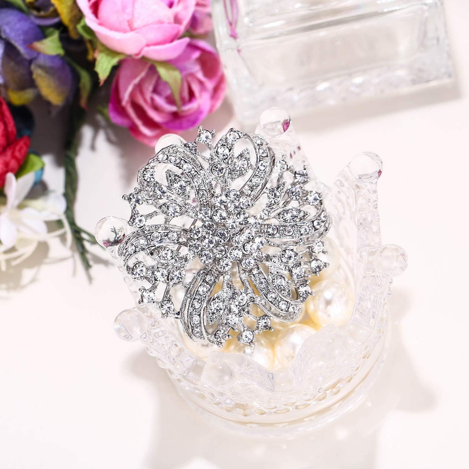 EVER FAITH Wedding Bridal Brooch for Women Girls Austrian Rhinestone Crystal Flower Corsage Broach Pin Clear Silver-Tone - Image 4