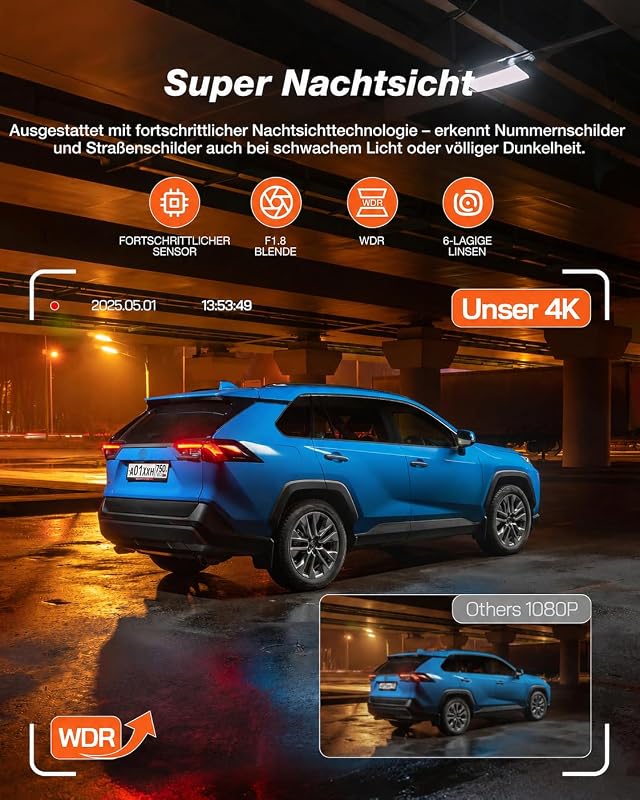 4K Dashcam Auto Vorne Hinten, WiFi 6 Auto Kamera mit 32GB SD Karte