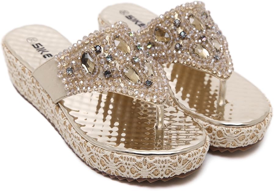 gold thong wedge sandals