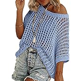 Zeagoo Short Sleeve Crochet Sweater Lightweight Summer Tops Loose Hollow Out Crewneck Pullover