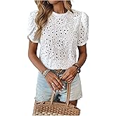 MakeMeChic Women's Going Out Eyelet Embroidery Blouse Crew Neck Hollow Out Short Sleeve Shirt Tops
