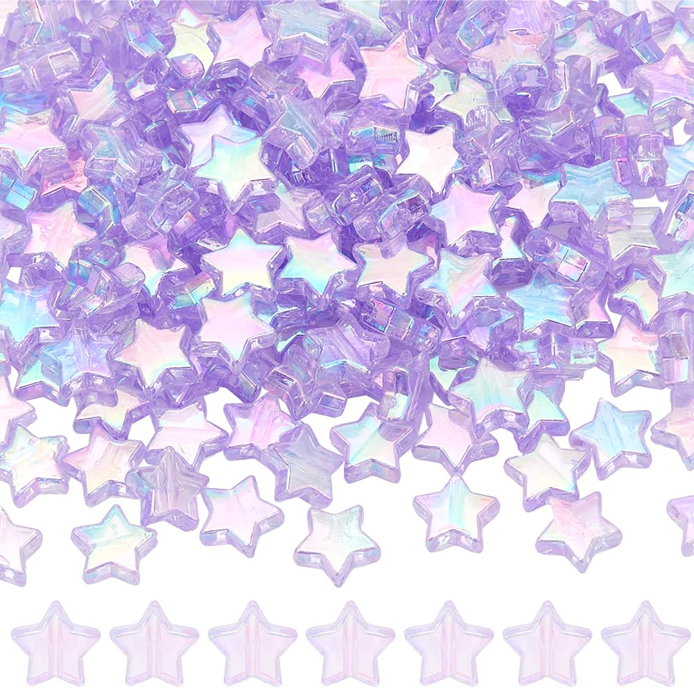 SUNNYCLUE 300Pcs 10mm Purple Star Bead Transparent Acrylic Star Beads Lilac AB Color Cute Crystal Pony Spacer Loose Bead for Jewellery Making Charms Bracelets Necklaces Earrings DIY Craft Accessories