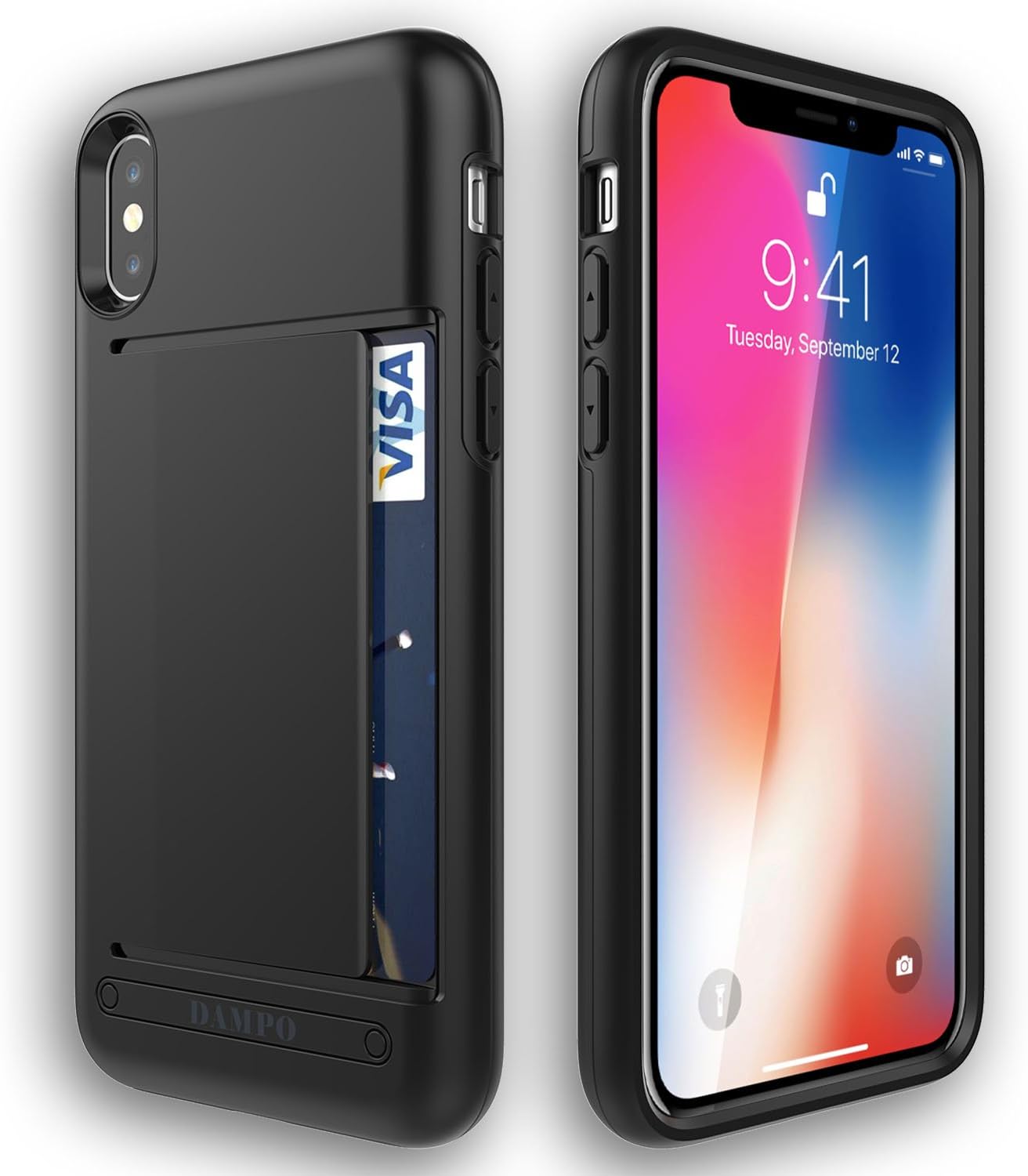iPhone X Case,DAMPO Design [Card Slot][Drop Protection][Heavy Duty][Money Clip][Wallet] Protection Cover Credit Card Case for Apple iPhone X-Black