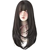 7JHH WIGS Hair Dye Wig for Women Synthetic Hair Natural Long Straight Wig With Bangs (22inch, Black tea)