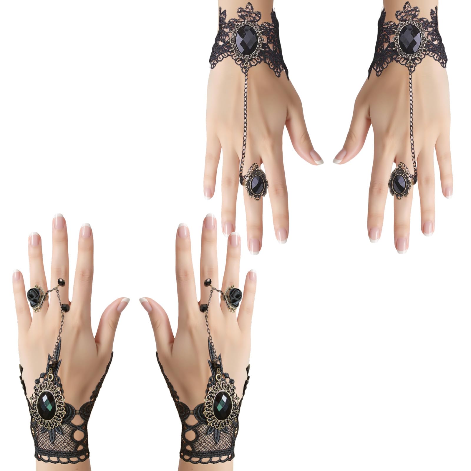 GWAWG Pack of 4 Gothic Gloves, Lace Fingerless Gloves, Black Sleeves for Carnival, Halloween, Theme Party