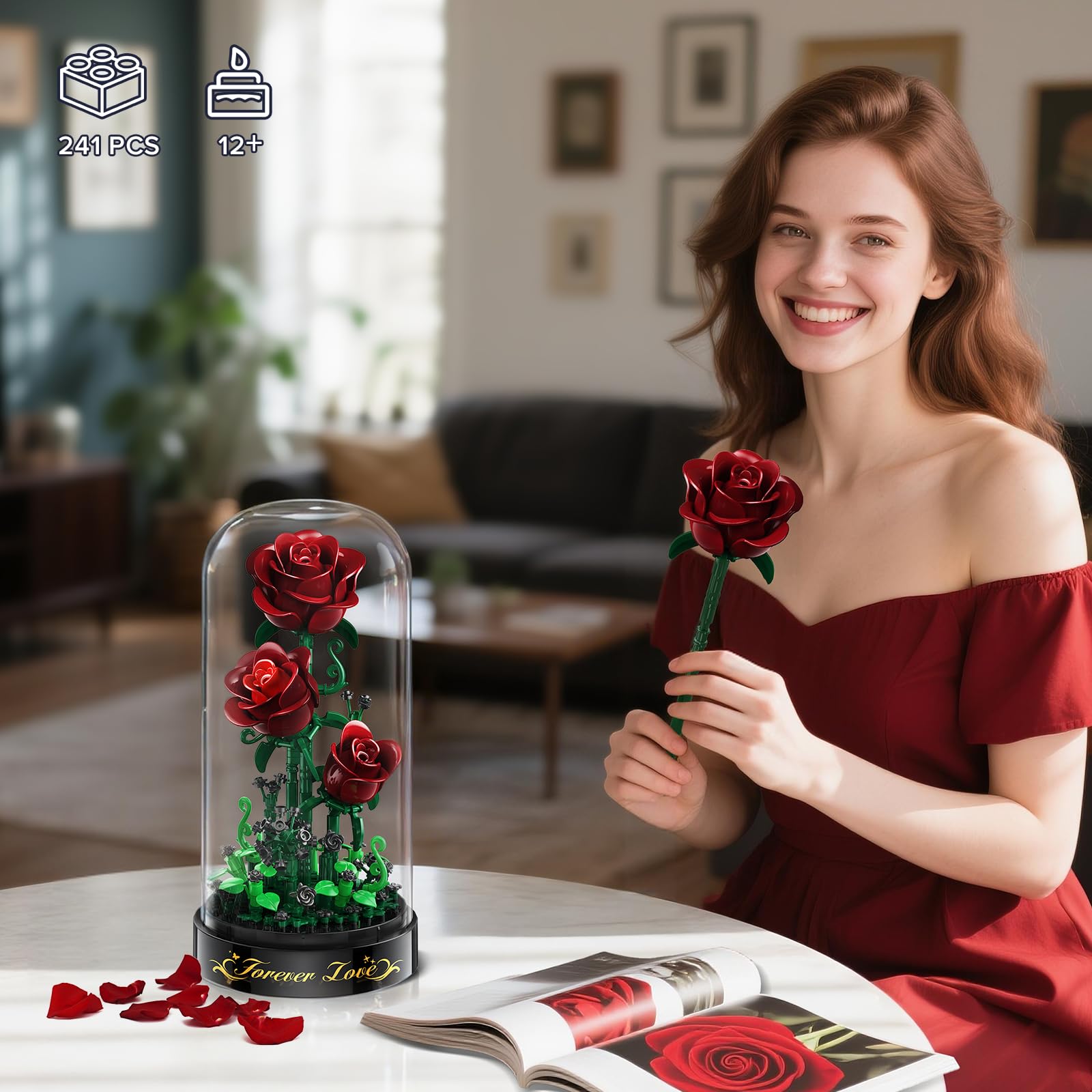 HiWEEGO Blumen Rosen Bausatz mit LED Licht, 241 Teile Burgunderrot Rosenstrauß, 3.6MM Blumenstrauß Baustein Spielzeug, Botanische Kollektion Valentinstagsgeschenk für Mädchen Erwachsene und Frauen 2