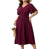 RWJ Women's Plus Size Maxi Dress V Neck Short Sleeve Swiss Dot A Line High Waist Boho Swing Casual Summer Dresses