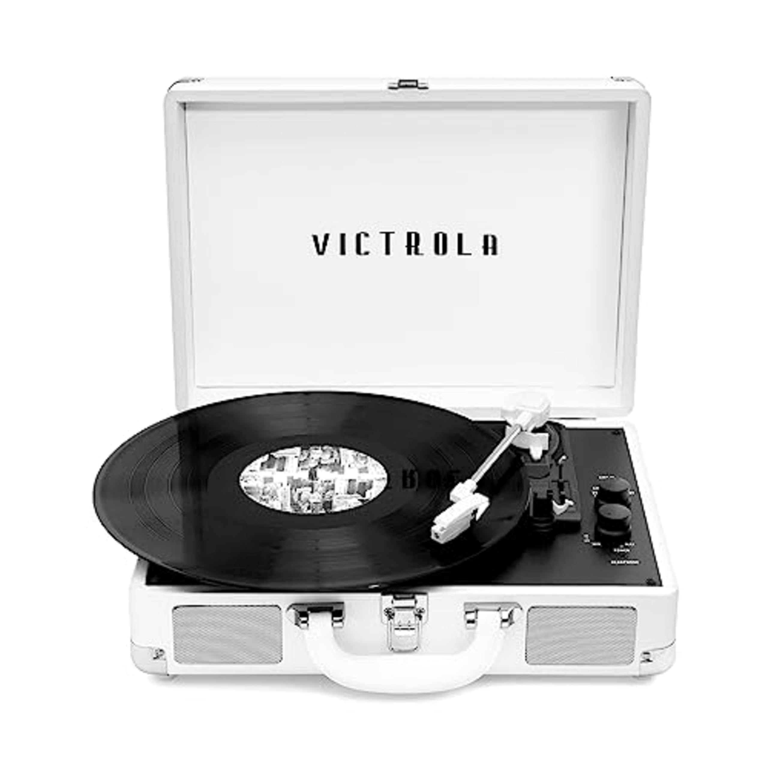 Victrola Journey+ Tocadiscos Bluetooth para maleta: parlantes incorporados, tocadiscos de vinilo de 33-1/3, 45 y 78 RPM, salida RCA, conector para auriculares, transmisión inalámbrica (blanco)