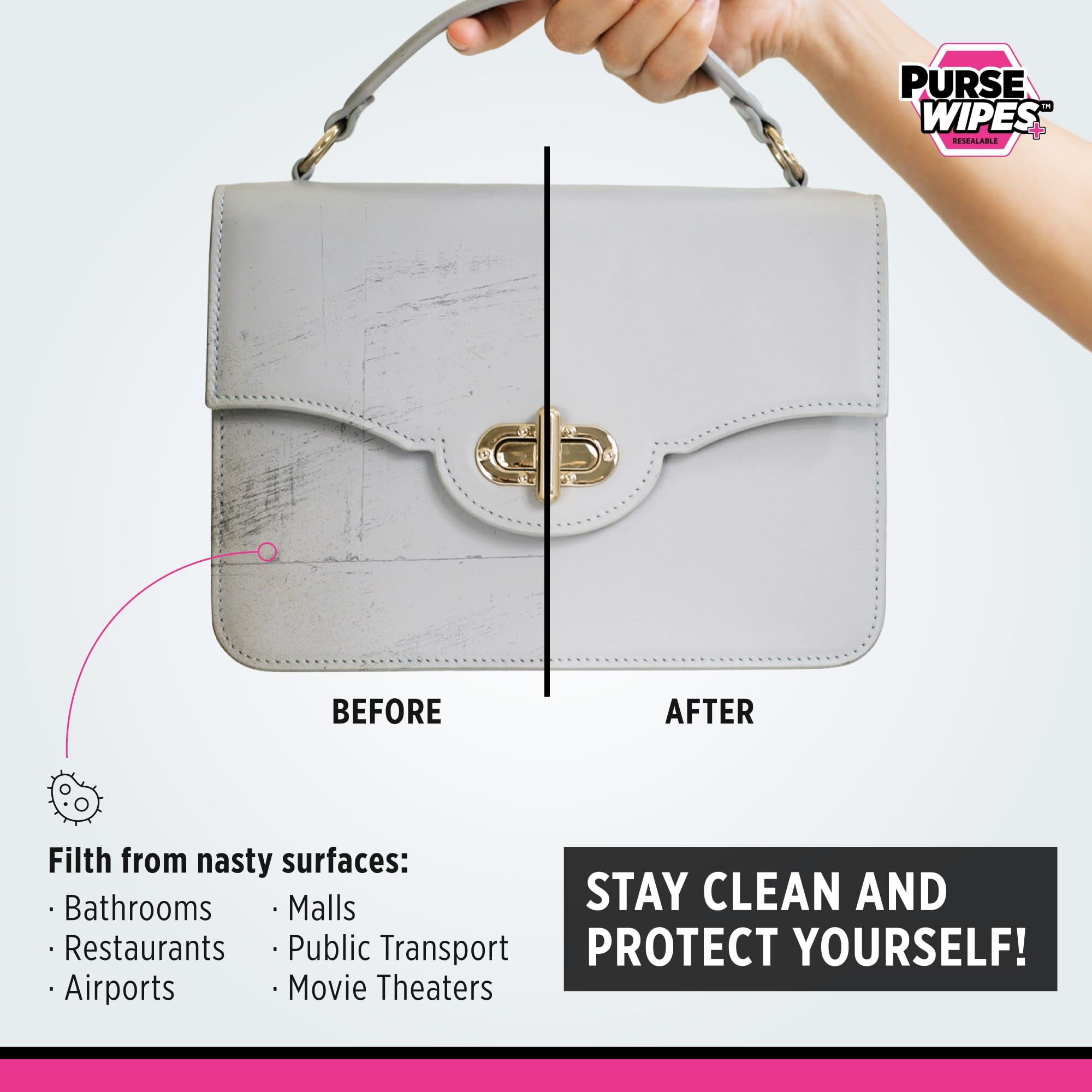 SneakERASERS: PurseWIPES Purse Cleaner Wipes - Portable Leather Wipes for Bags, Purses, and Backpacks, Dirt and Scuff Remover with Innovative ScrubNubs, Perfect for Quick Cleaning, (28 wipes)