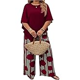SOLY HUX Women's Plus Size Summer Vacation Outfits 2 Piece Half Sleeve Asymmetrical Blouse Tops and Wide Leg Pants Set