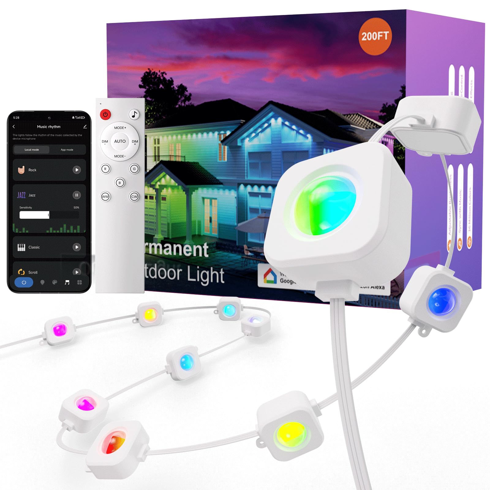 Photo 1 of Fitop Permanent Outdoor Lights, 200FT RGB Smart LED Eaves Lights for House, Extendable Waterproof Outdoor Lights Strip, Music Sync, APP/Voice/Remote Control, Compatible with Alexa/Google