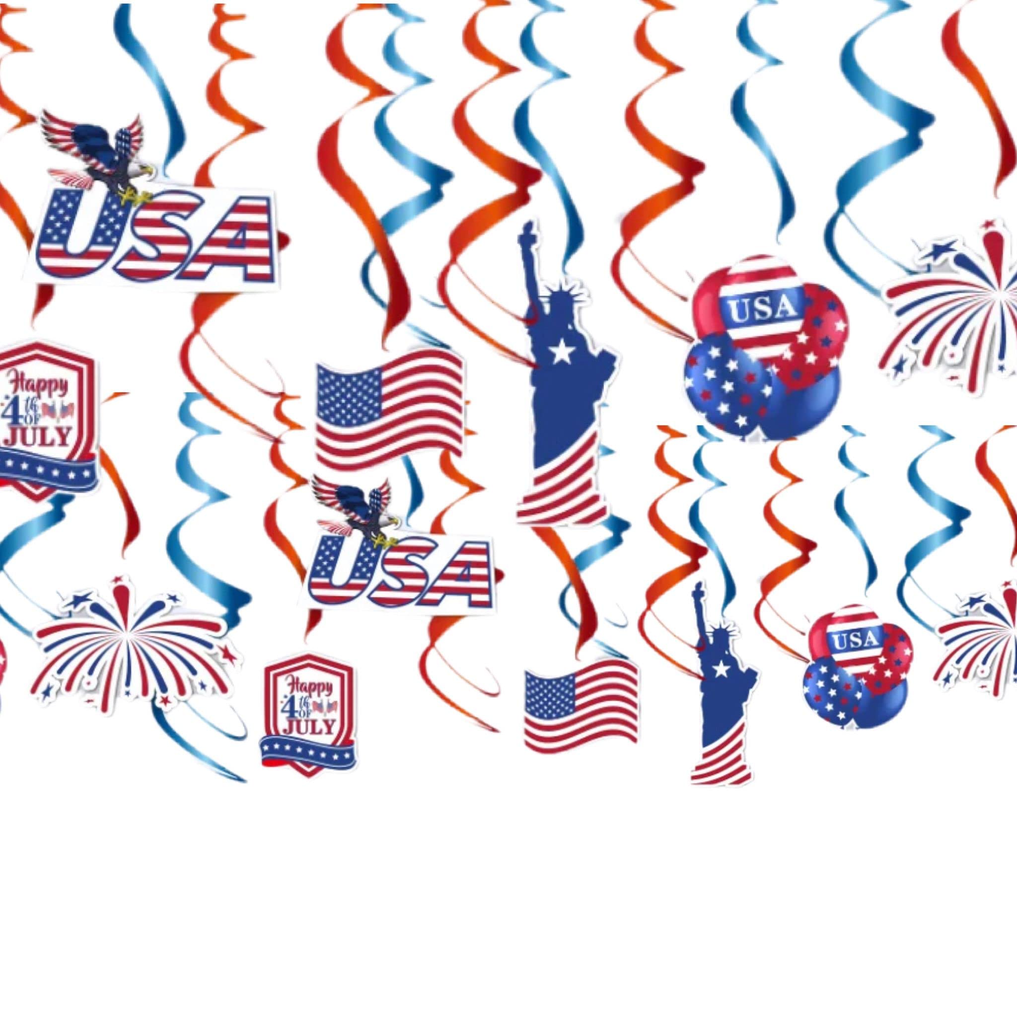 eBoutik – Hanging Swirls Bunting - American Patriotic Party Decorations - Red, White & Blue Hanging Bunting, American Flags, USA 4th July Independence Day, Thanksgiving, Themed Parties