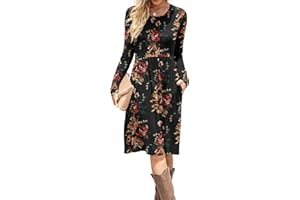 DB MOON Women Casual Long Sleeve Dresses Empire Waist Knee Length Loose Dress with Pockets