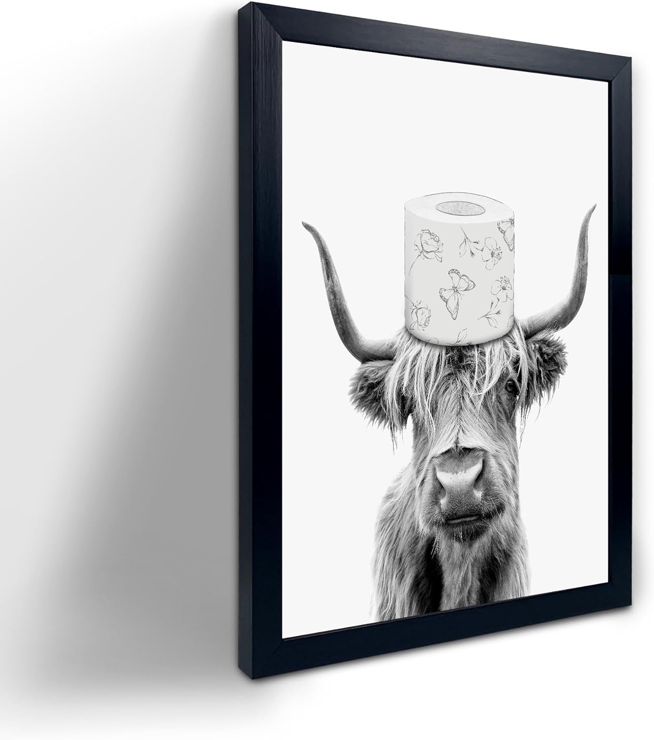 Wall Décor - Toilet Paper On Head - Black Framed Funny Animal Prints - Funny Highland Cow Bathroom Wall Art Prints, Vintage Black and White Rustic Style Cute Bathroom Cow Canvas Art Poster for Bathroom Restroom Decoration, Farmhouse Wall Decor