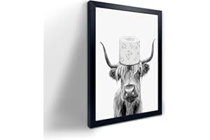 YONGART Toilet Paper On Head,Black Framed Funny Animal Prints, Vintage Black and White Rustic Style Cute Bathroom Cow Canvas Art Poster for Bathroom Restroom Decoration, Farmhouse Wall Decor