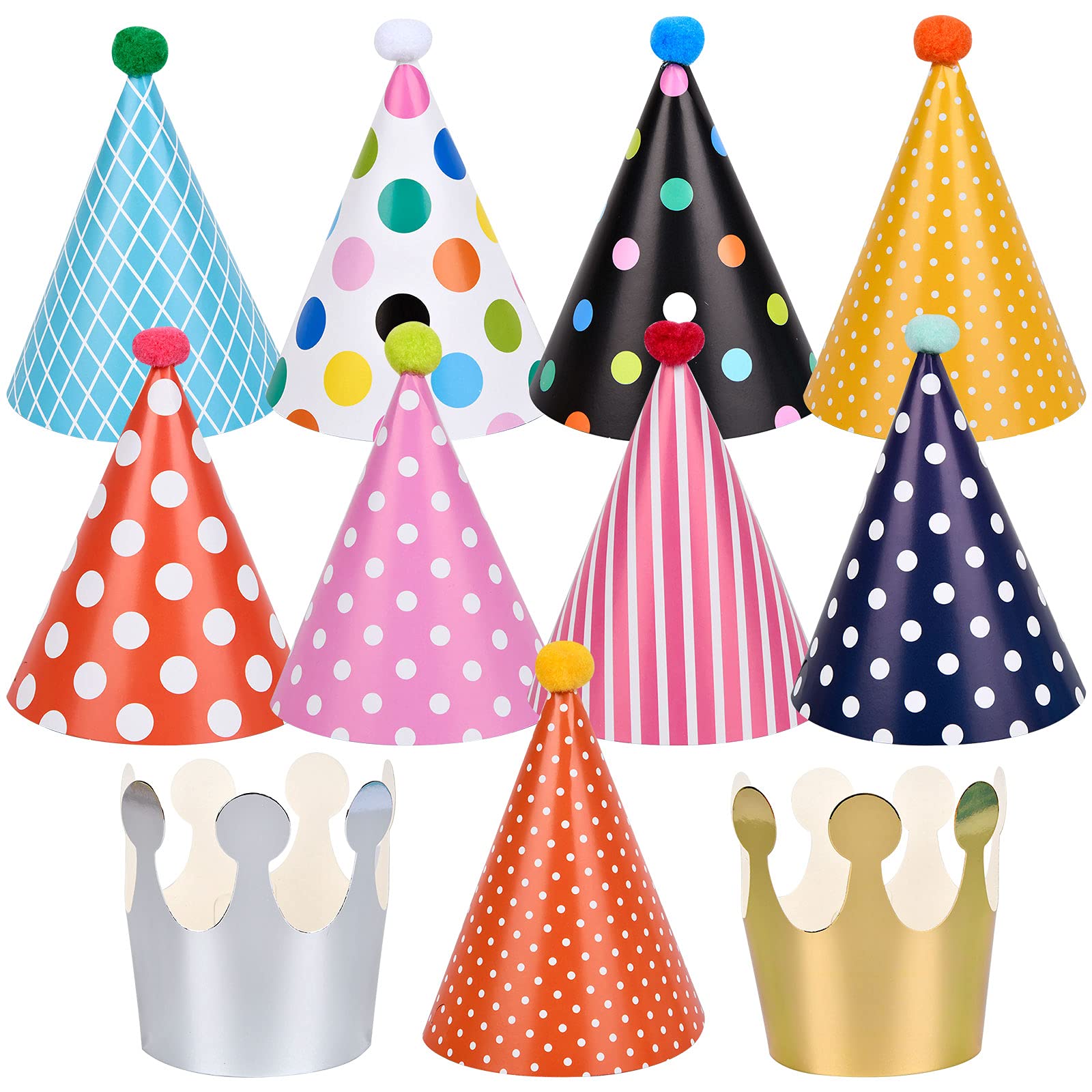 Chstarina 11pcs Cone Party Hats with Pom Poms, Cake Birthday Party Hats for Children, Girls, Boys, Adults, Decorations (9 Hats + 2 Crowns)