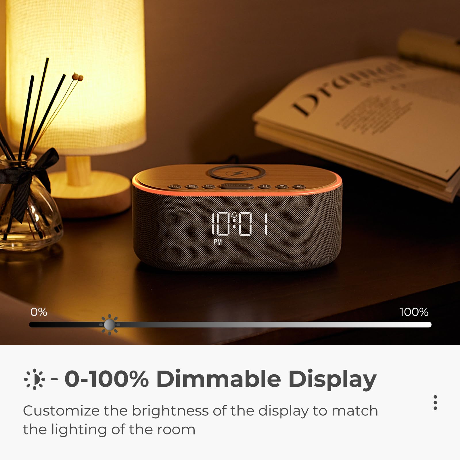 uscce Alarm Clock Bluetooth FM Radio: 10W Stereo Sound Speaker - Fast Wireless Charging for iPhone Samsung - Dimmable Clock Radio for Bedroom